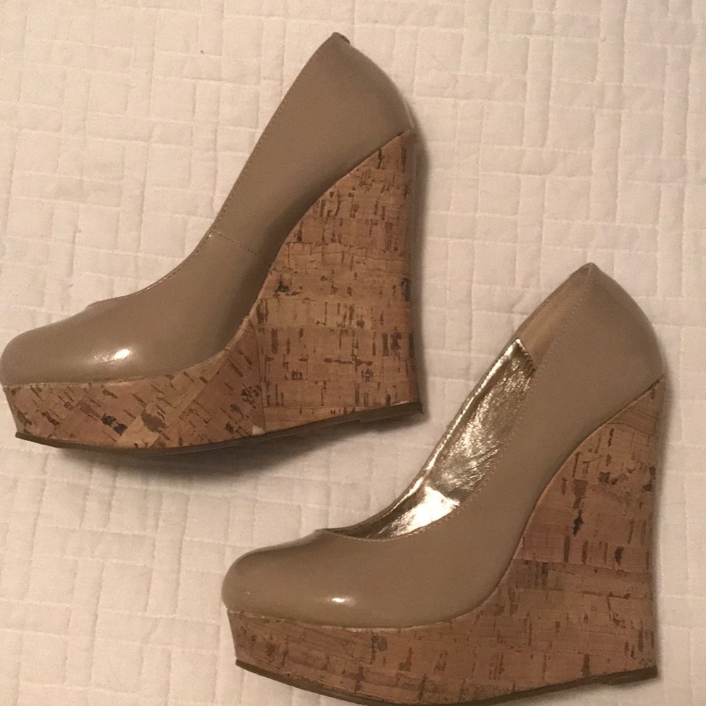 Nude platform cork wedges by Steve Madden